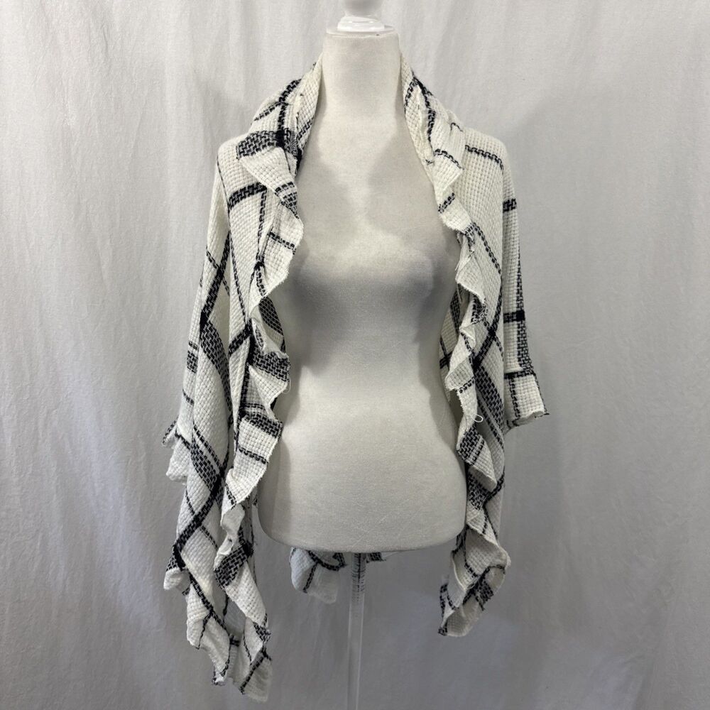 Anthropologie White Black Ruffle Plaid Wrap Shaw Poncho Womens Sz ALL Boho Artsy